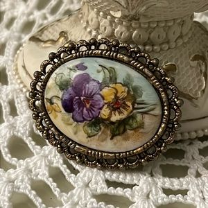 Vintage Hand Painted Floral Brooch